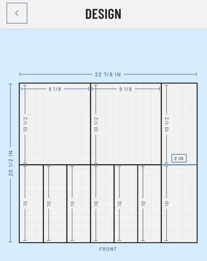The app's Design step: a utensil tray laid out in the drawer, with each compartment's size