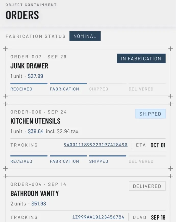 The app's Orders tab: orders in fabrication, shipped with tracking, and delivered